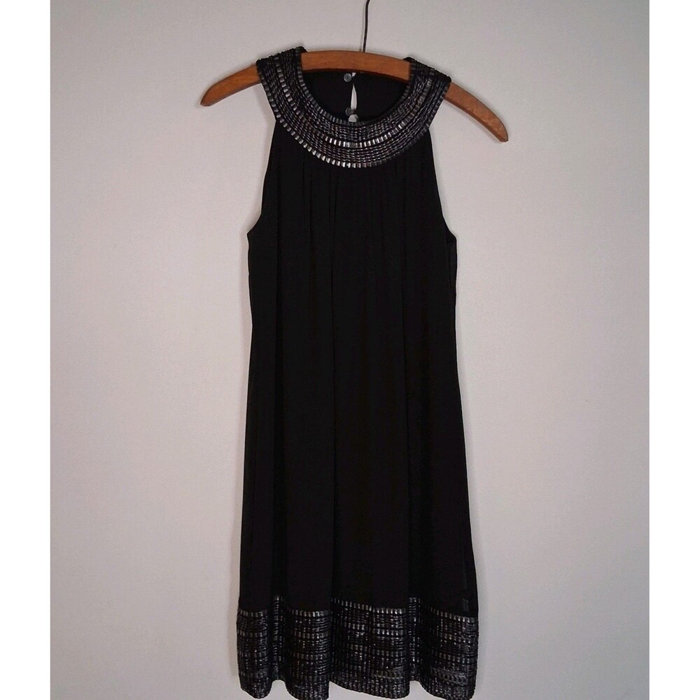 SLNY Small Black Sheath Dress Metallic Beaded Whimsigoth Old Money Elegance
